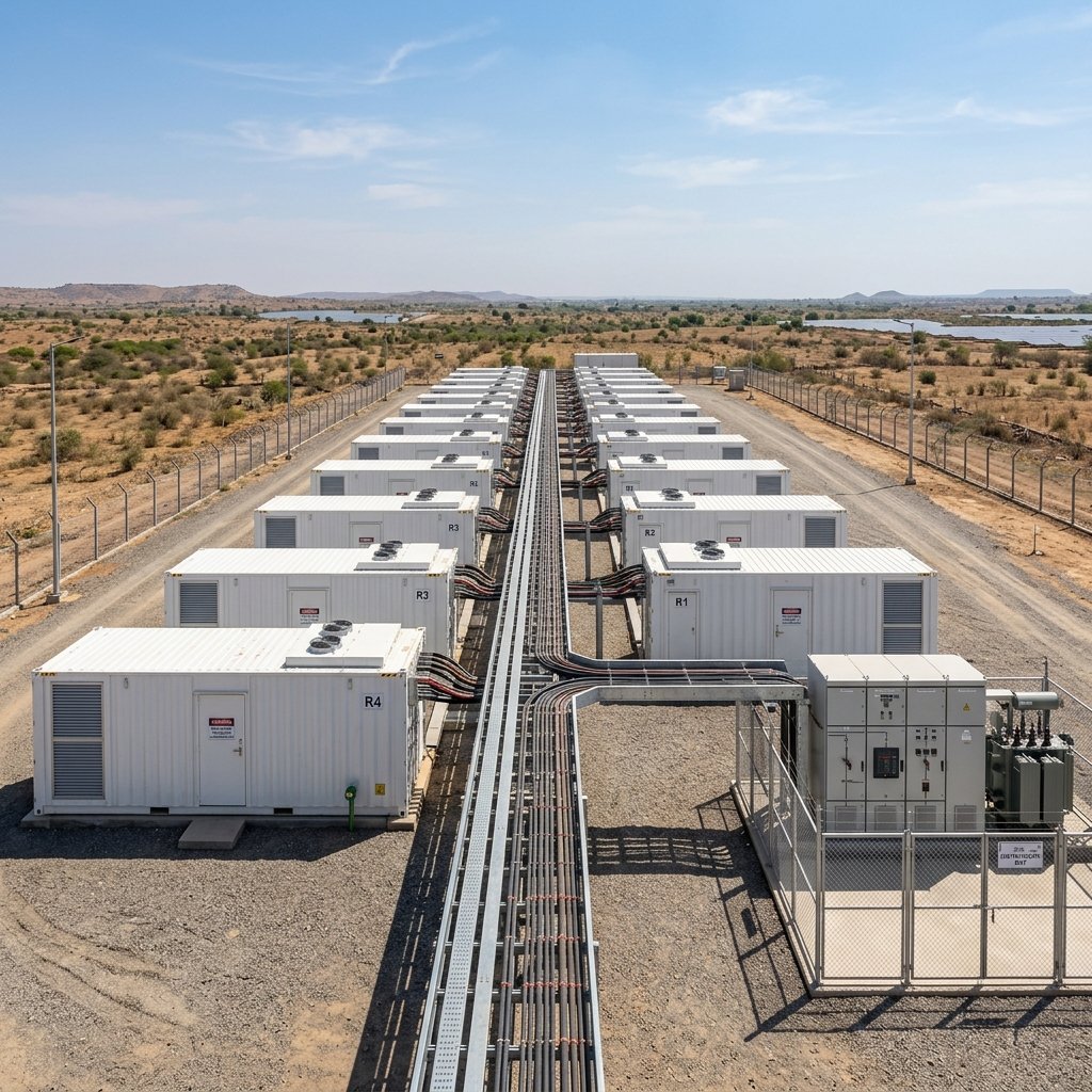 Solar SCADA system BESS installation: containerized Battery Energy Storage System enclosures at a power plant site