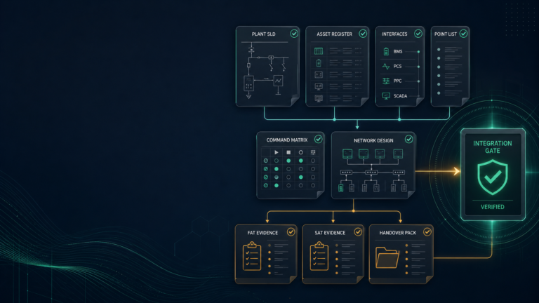 Conceptual BESS EMS integration-readiness workflow showing plant evidence, interfaces, command matrix, network design, FAT, SAT and handover records.