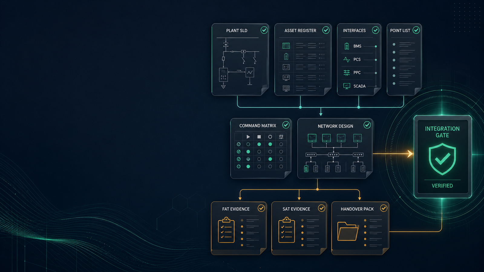 Conceptual BESS EMS integration-readiness workflow showing plant evidence, interfaces, command matrix, network design, FAT, SAT and handover records.